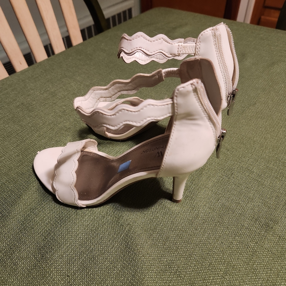 White Worthington open toe, zipper back heels
